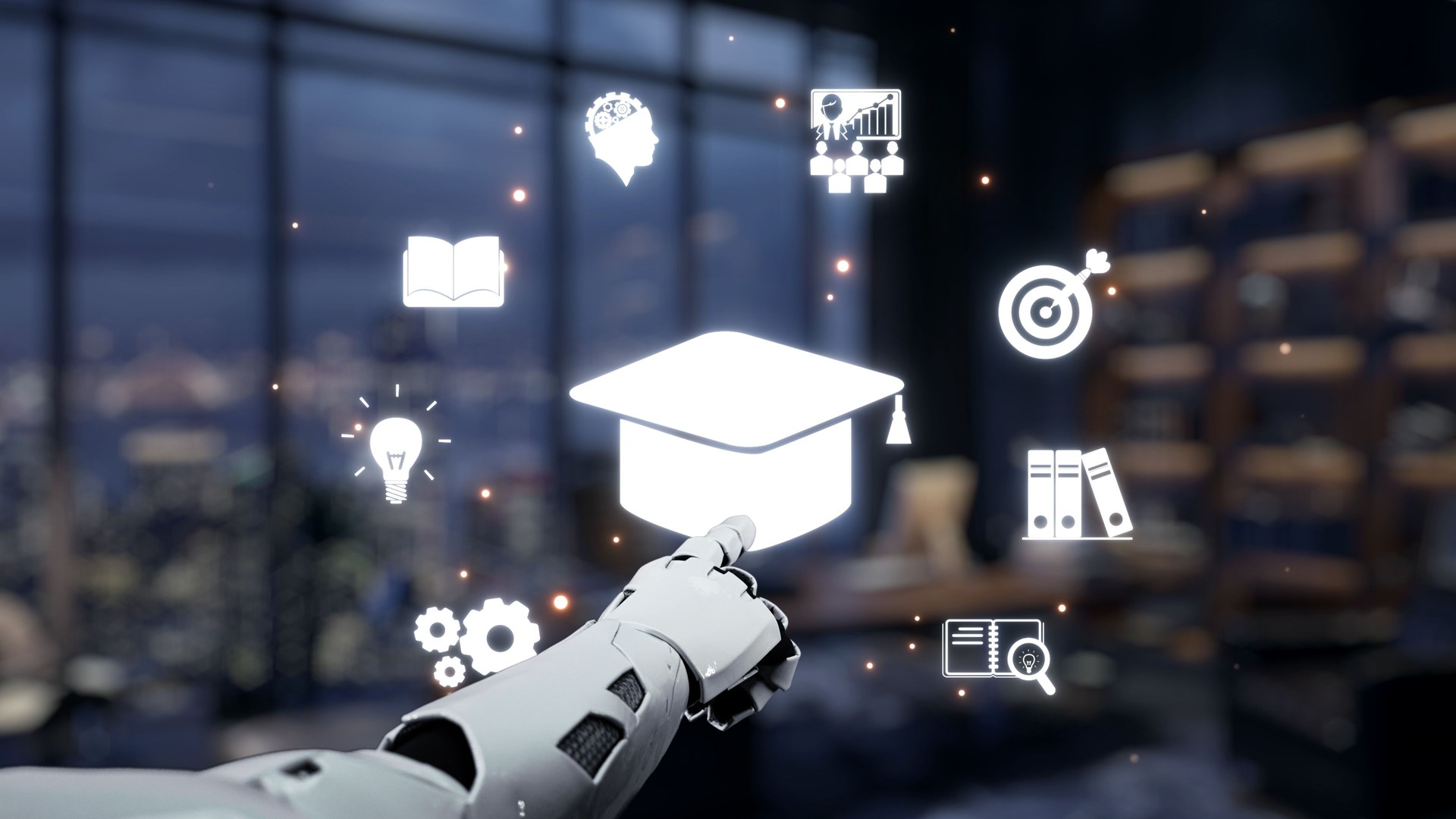 Futuristic Robot Hand Interacting with Education Icons in Modern Learning Environment, Digital Transformation Concept in Education Technology. Auvana